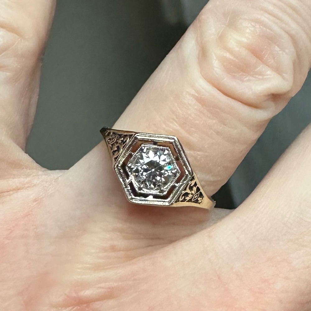 Art Deco 0.5ct OEC Diamond 14K Gold Hexagonal Ring 6.5 Antique J. R. Wood & Sons